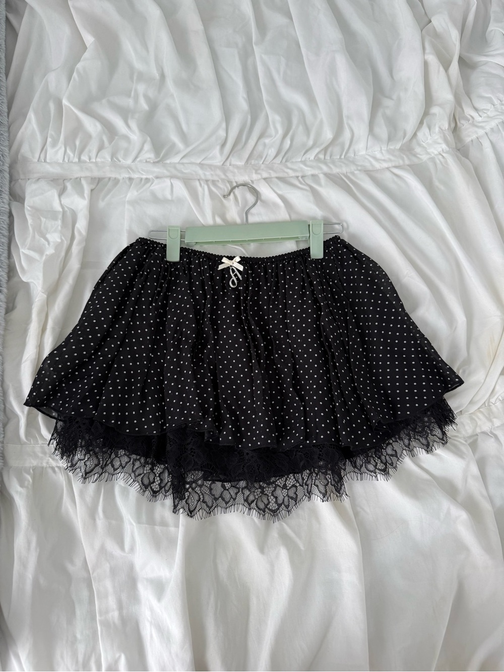 Revolve Black Polka Dot Lace-Trim Mini Skirt